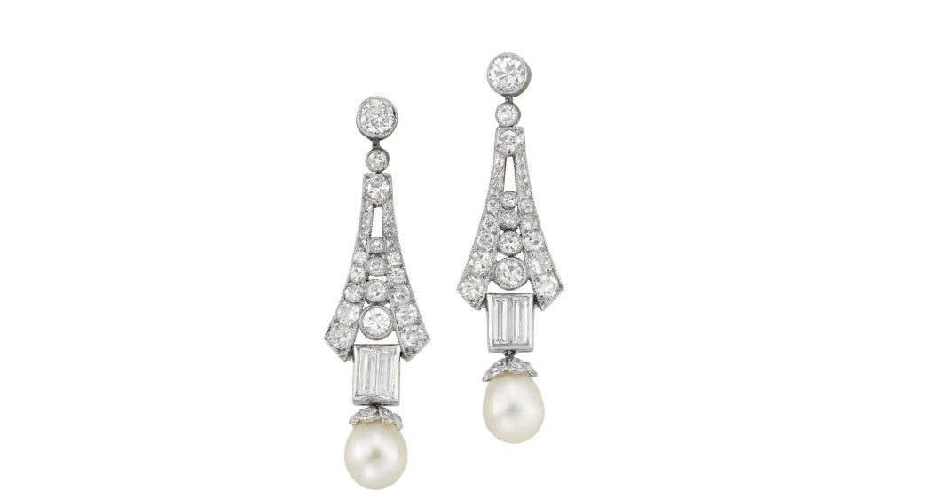A pair of Art Deco pearl and diamond drop earrings