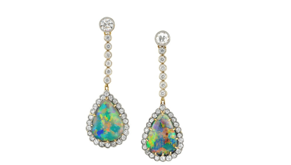 A pair of Edwardian black opal and diamond drop earrings